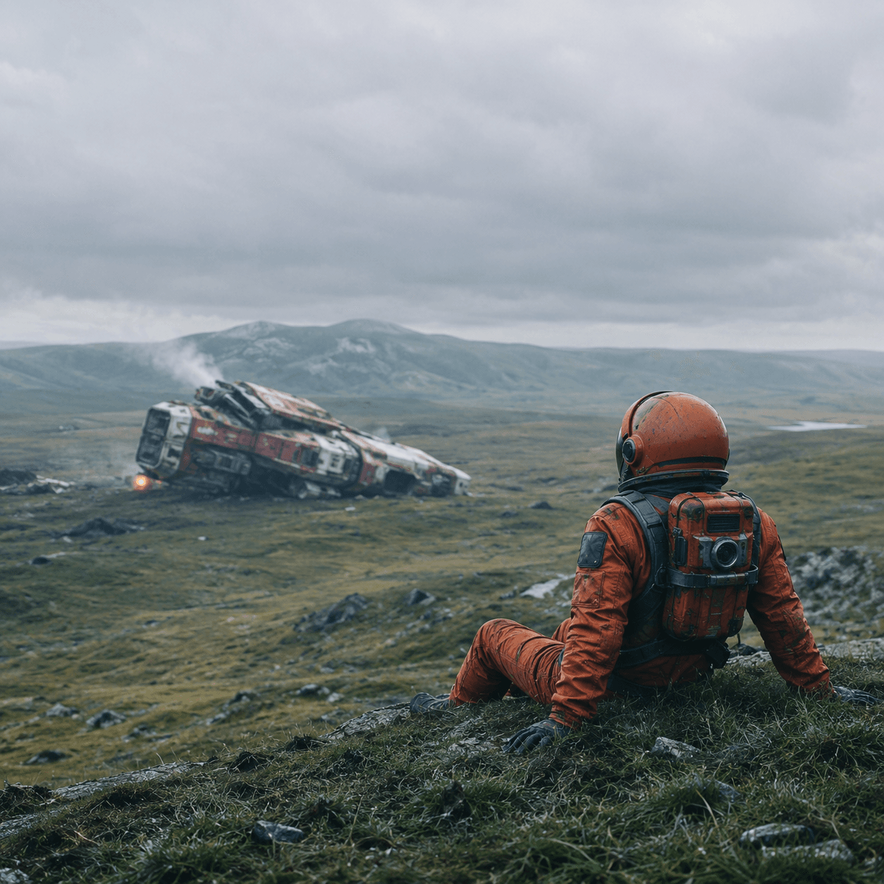 Un astronaute en combinaison orange, assis dans l’herbe, regarde son vaisseau posé au loin