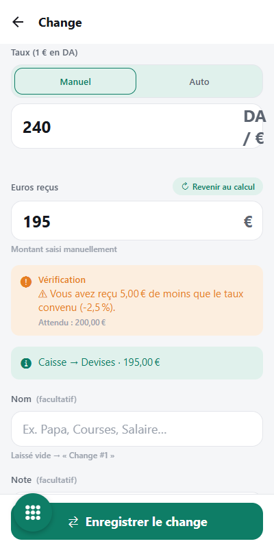 Écran de change de Celestial Fonds : taux de 240 DA pour 1 €, 195 € reçus, et un bloc Vérification indiquant « Vous avez reçu 5,00 € de moins que le taux convenu (-2,5 %), attendu 200,00 € ».