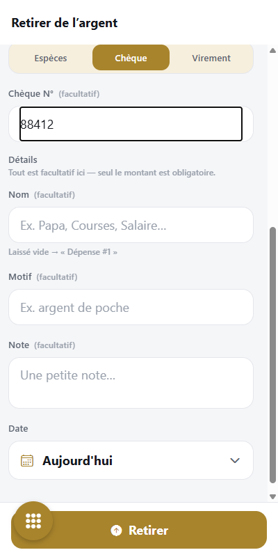 Formulaire de sortie d’argent : choix du moyen de paiement Espèces, Chèque ou Virement, numéro de chèque, motif, note et date.