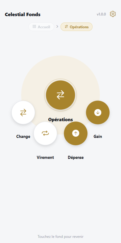 Menu des opérations de Celestial Fonds : Gain, Dépense, Virement et Change disposés autour du bouton central.